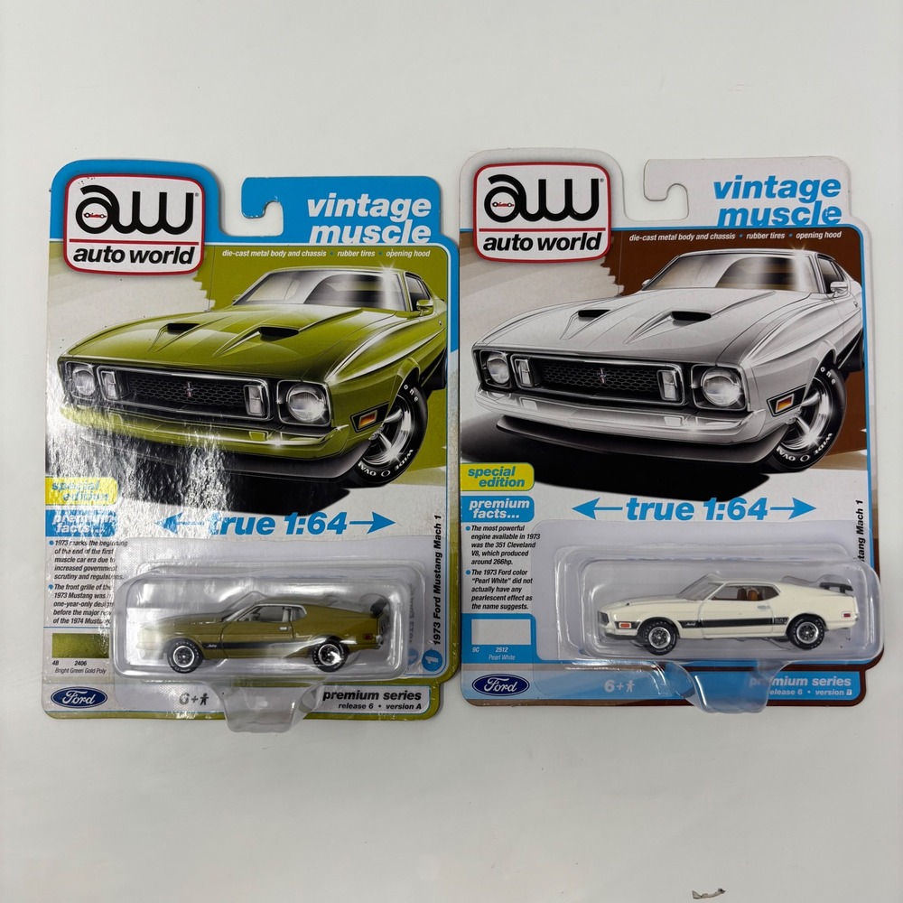 1973 Ford Mustang Mach 1 Auto World Diecast 1:64 Lot of 2 Green and White New
